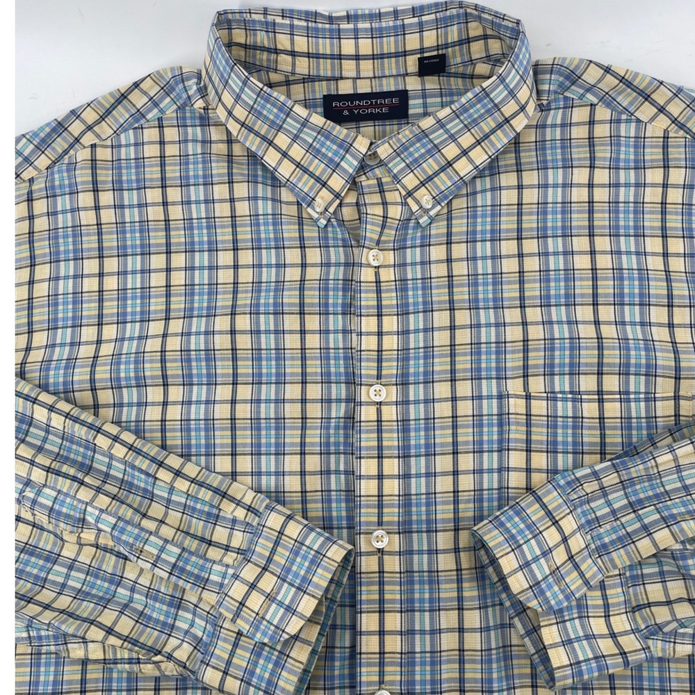 Roundtree & Yorke Button Down Shirt Men 3XB Blue Yellow Plaid Cotton Long Sleeve